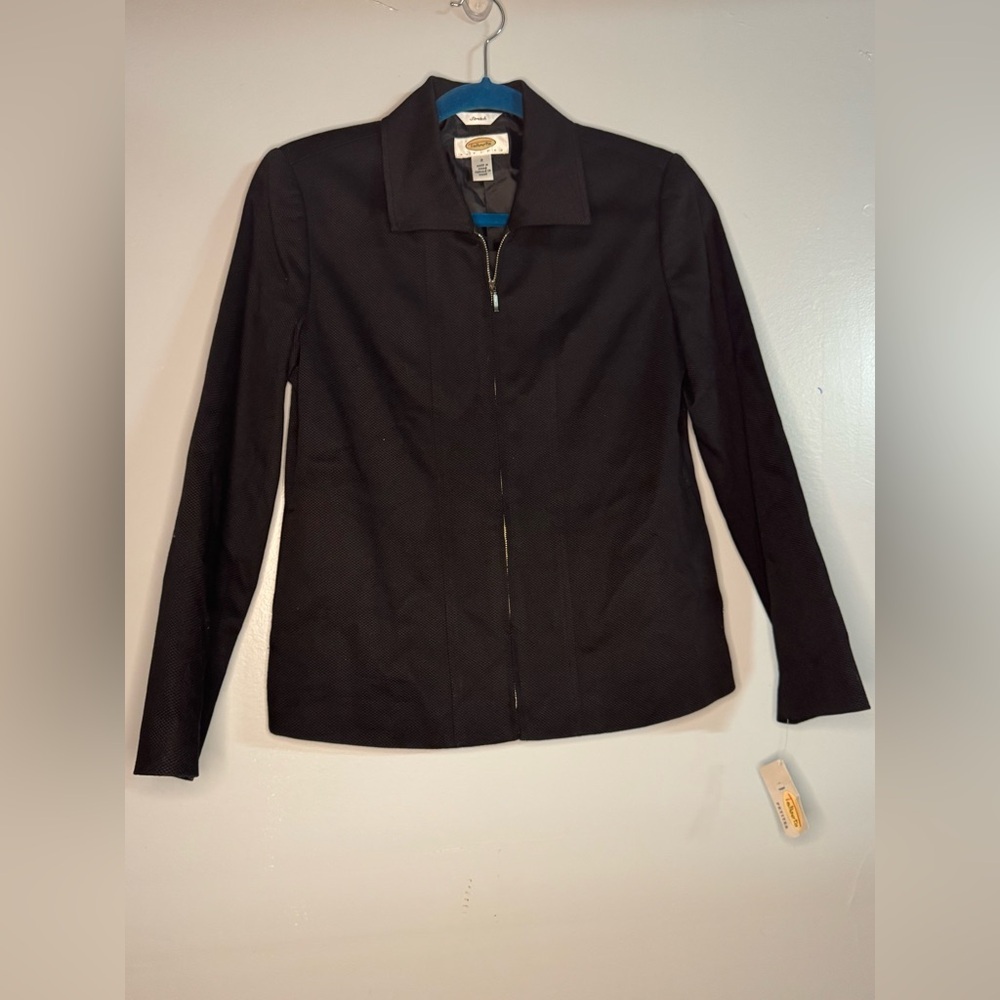 TALBOTS women’s Blazer Size 2P Twill Jacket Stretch Full Zip Viscose Black‎ NWT